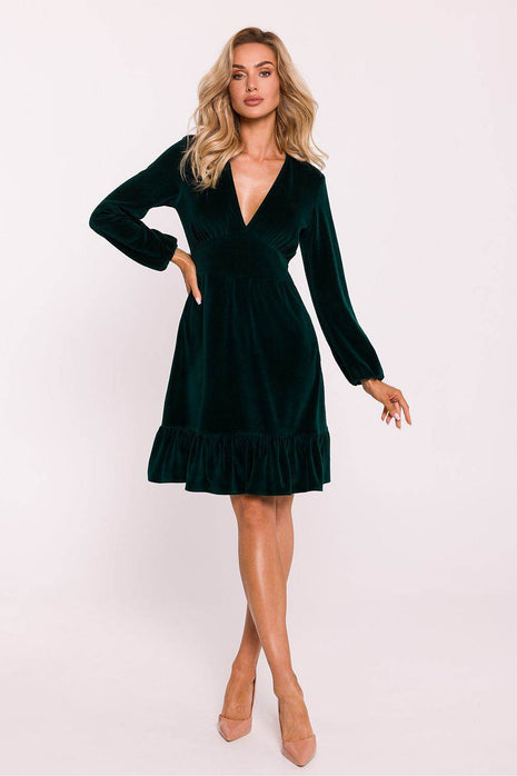 Cotton Midi Dress with Deep V-Neck, Puff Sleeves & Ruffle Hem - MimiStylez