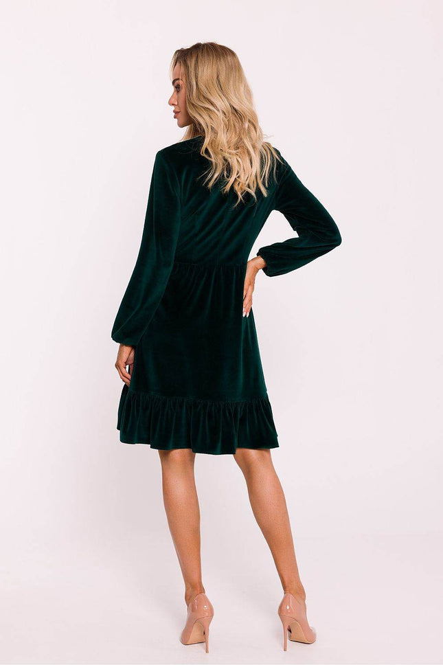 Cotton Midi Dress with Deep V-Neck, Puff Sleeves & Ruffle Hem - MimiStylez