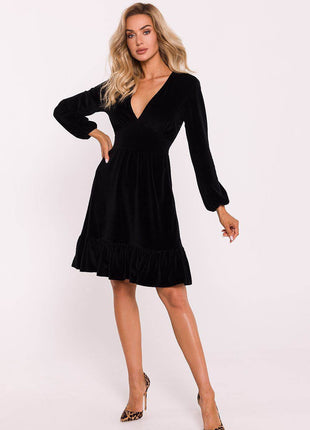 Cotton Midi Dress with Deep V-Neck, Puff Sleeves & Ruffle Hem - MimiStylez