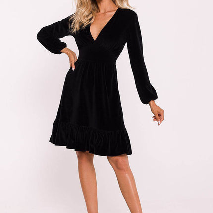 Cotton Midi Dress with Deep V-Neck, Puff Sleeves & Ruffle Hem - MimiStylez