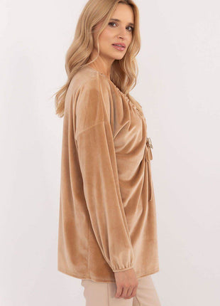 Velour Blouse with Neck Tie and Butterfly Accent - MimiStylez