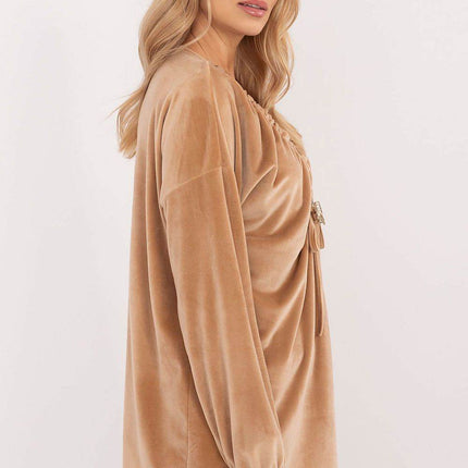 Velour Blouse with Neck Tie and Butterfly Accent - MimiStylez