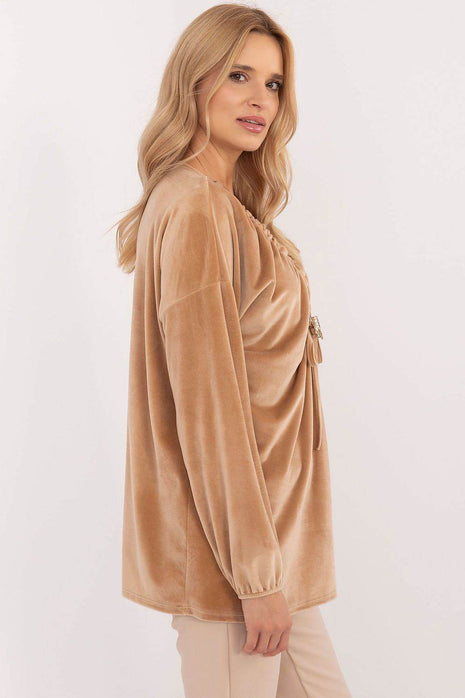 Velour Blouse with Neck Tie and Butterfly Accent - MimiStylez