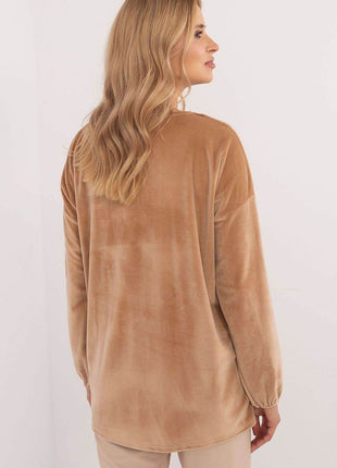 Velour Blouse with Neck Tie and Butterfly Accent - MimiStylez