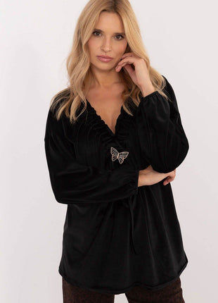Velour Blouse with Neck Tie and Butterfly Accent - MimiStylez