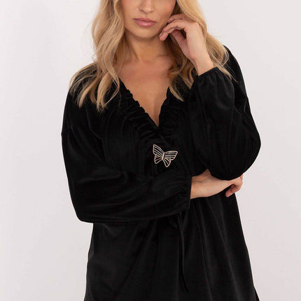 Velour Blouse with Neck Tie and Butterfly Accent - MimiStylez