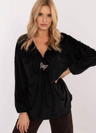 Velour Blouse with Neck Tie and Butterfly Accent - MimiStylez