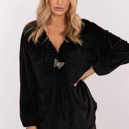 Velour Blouse with Neck Tie and Butterfly Accent - MimiStylez