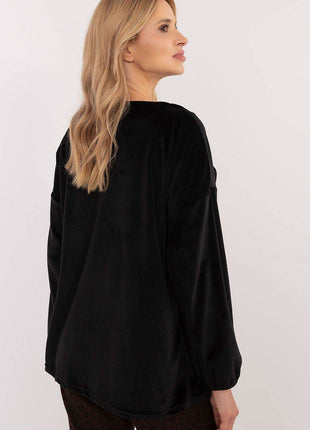 Velour Blouse with Neck Tie and Butterfly Accent - MimiStylez