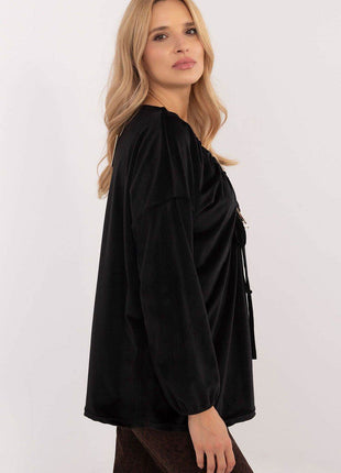 Velour Blouse with Neck Tie and Butterfly Accent - MimiStylez