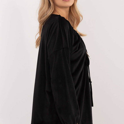 Velour Blouse with Neck Tie and Butterfly Accent - MimiStylez