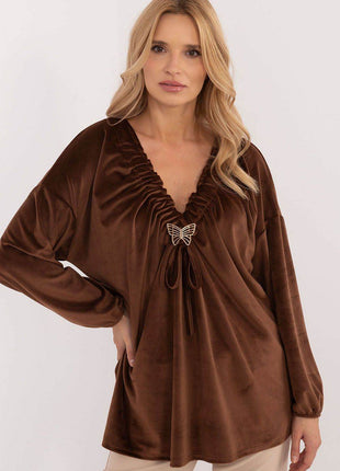 Velour Blouse with Neck Tie and Butterfly Accent - MimiStylez