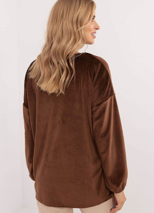 Velour Blouse with Neck Tie and Butterfly Accent - MimiStylez