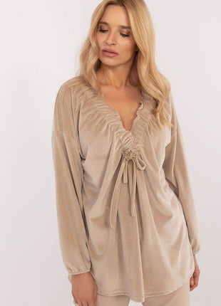 Velour Blouse with Neck Tie and Butterfly Accent - MimiStylez