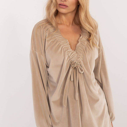 Velour Blouse with Neck Tie and Butterfly Accent - MimiStylez