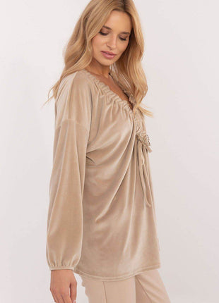 Velour Blouse with Neck Tie and Butterfly Accent - MimiStylez