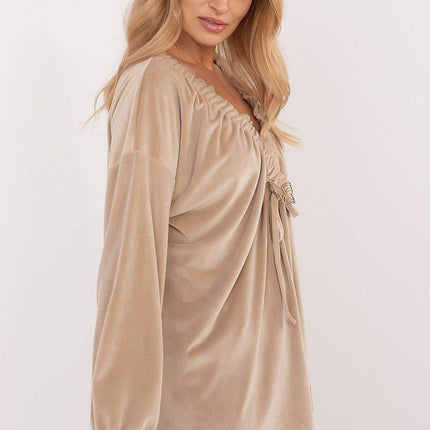 Velour Blouse with Neck Tie and Butterfly Accent - MimiStylez
