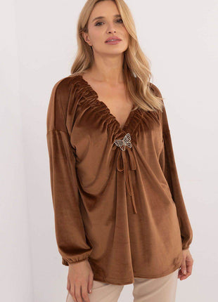 Velour Blouse with Neck Tie and Butterfly Accent - MimiStylez