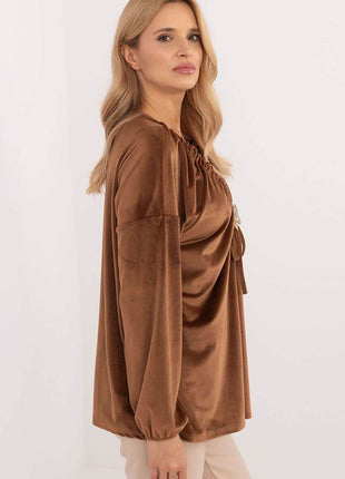 Velour Blouse with Neck Tie and Butterfly Accent - MimiStylez