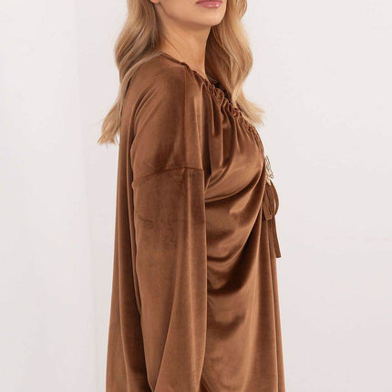Velour Blouse with Neck Tie and Butterfly Accent - MimiStylez