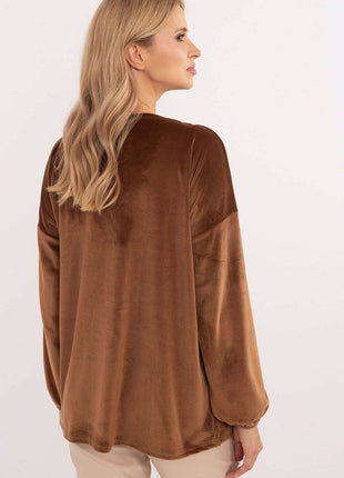 Velour Blouse with Neck Tie and Butterfly Accent - MimiStylez