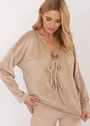 Velour Blouse with Front Ties & Butterfly Charms - MimiStylez