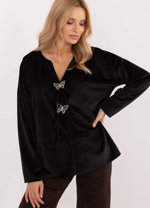 Velour Blouse with Front Ties & Butterfly Charms - MimiStylez