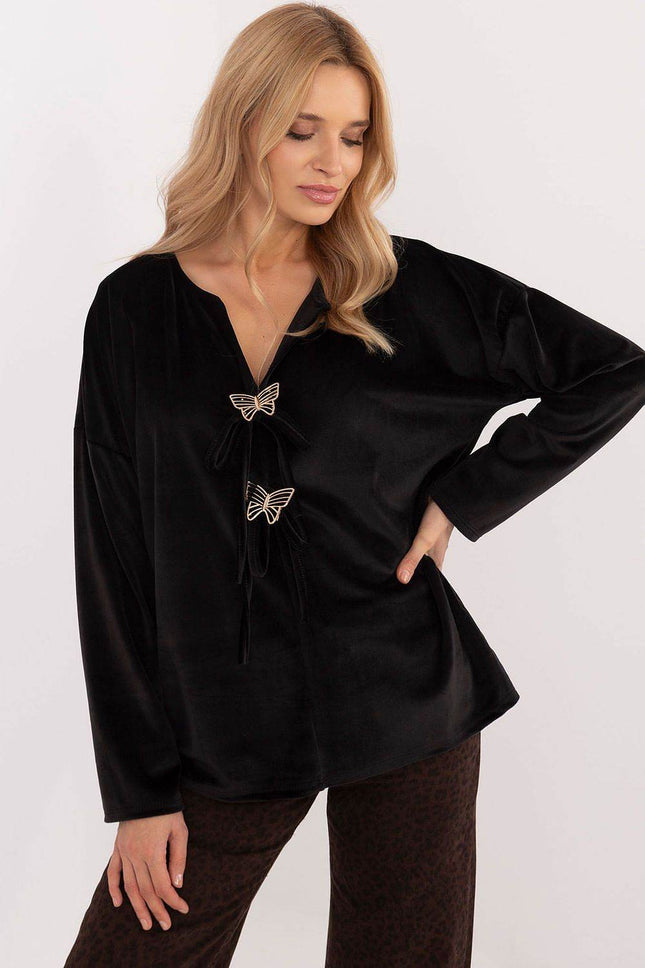 Velour Blouse with Front Ties & Butterfly Charms - MimiStylez