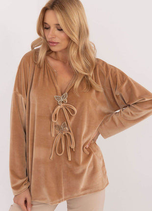 Velour Blouse with Front Ties & Butterfly Charms - MimiStylez
