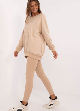 Women's Ribbed Leggings & Embossed Sweatshirt Cotton Set - MimiStylez