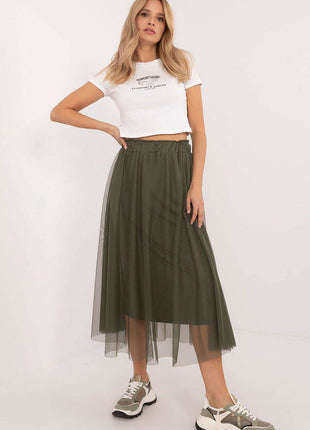 Flared Tulle Midi Skirt with Elastic Waist and Lining - MimiStylez