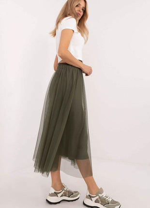Flared Tulle Midi Skirt with Elastic Waist and Lining - MimiStylez