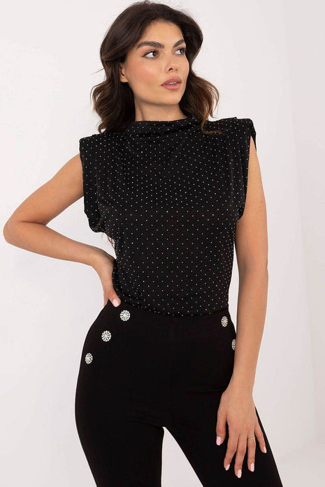Elegant Sleeveless Blouse with Shoulder Pads and Decorative Studs - MimiStylez