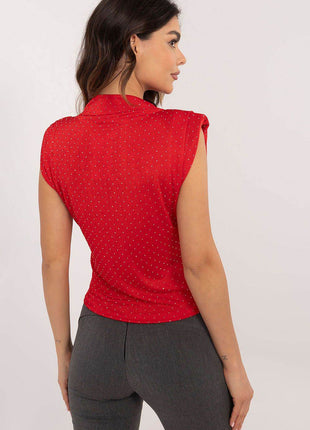 Elegant Sleeveless Blouse with Shoulder Pads and Decorative Studs - MimiStylez