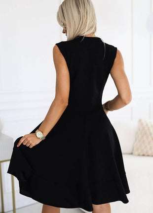 Elegant Black Flared Sleeveless Dress with Front Zipper - MimiStylez