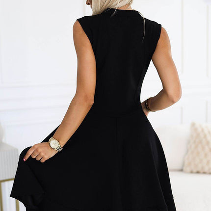 Elegant Black Flared Sleeveless Dress with Front Zipper - MimiStylez