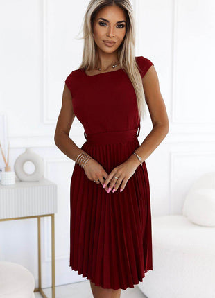 Pleated Midi Dress with Short Sleeves & Belt - MimiStylez