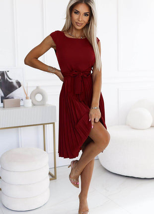 Pleated Midi Dress with Short Sleeves & Belt - MimiStylez