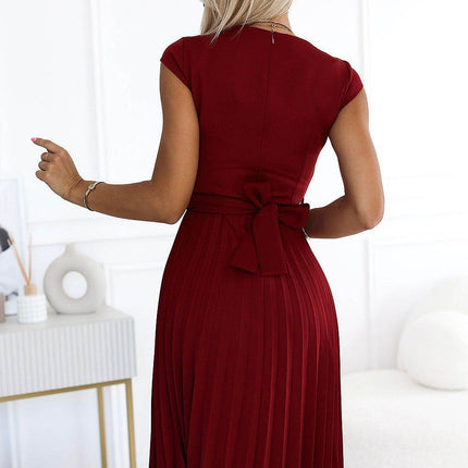 Pleated Midi Dress with Short Sleeves & Belt - MimiStylez