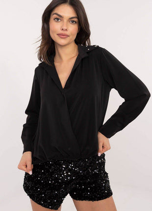 Elegant Women’s Classic Cut Shirt with Zircon-Embellished Collar – Polyester-Viscose Blend, Long Sleeves, Button Closure - MimiStylez