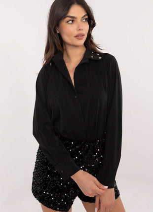 Elegant Women’s Classic Cut Shirt with Zircon-Embellished Collar – Polyester-Viscose Blend, Long Sleeves, Button Closure - MimiStylez