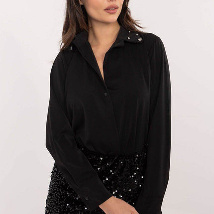 Elegant Women’s Classic Cut Shirt with Zircon-Embellished Collar – Polyester-Viscose Blend, Long Sleeves, Button Closure - MimiStylez