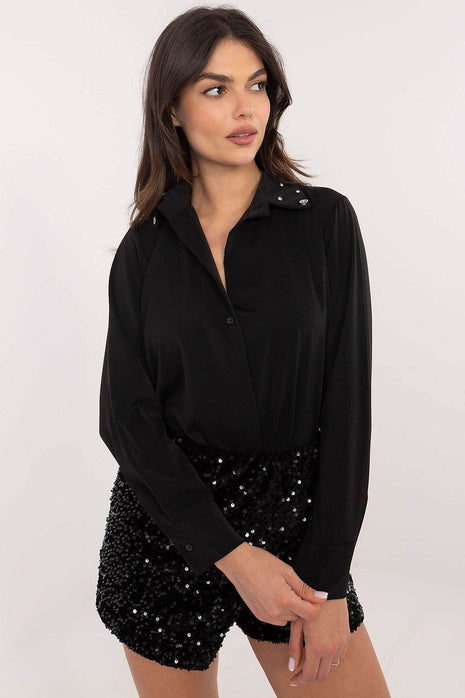 Elegant Women’s Classic Cut Shirt with Zircon-Embellished Collar – Polyester-Viscose Blend, Long Sleeves, Button Closure - MimiStylez