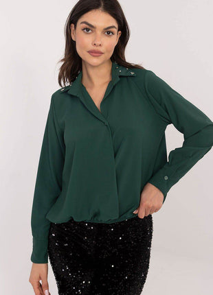 Elegant Women’s Classic Cut Shirt with Zircon-Embellished Collar – Polyester-Viscose Blend, Long Sleeves, Button Closure - MimiStylez