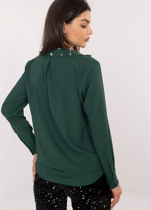 Elegant Women’s Classic Cut Shirt with Zircon-Embellished Collar – Polyester-Viscose Blend, Long Sleeves, Button Closure - MimiStylez