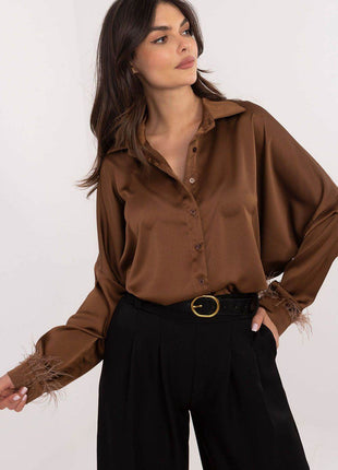 Elegant Women’s Classic Cut Shirt with Feathered Cuffs – Polyester-Viscose Blend, Long Length, Side Slits, Button Closure - MimiStylez
