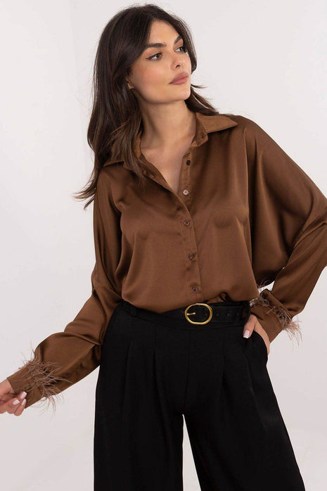 Elegant Women’s Classic Cut Shirt with Feathered Cuffs – Polyester-Viscose Blend, Long Length, Side Slits, Button Closure - MimiStylez