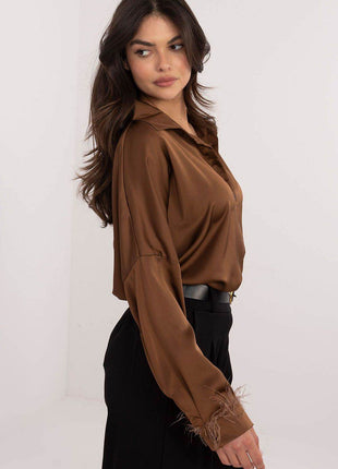 Elegant Women’s Classic Cut Shirt with Feathered Cuffs – Polyester-Viscose Blend, Long Length, Side Slits, Button Closure - MimiStylez