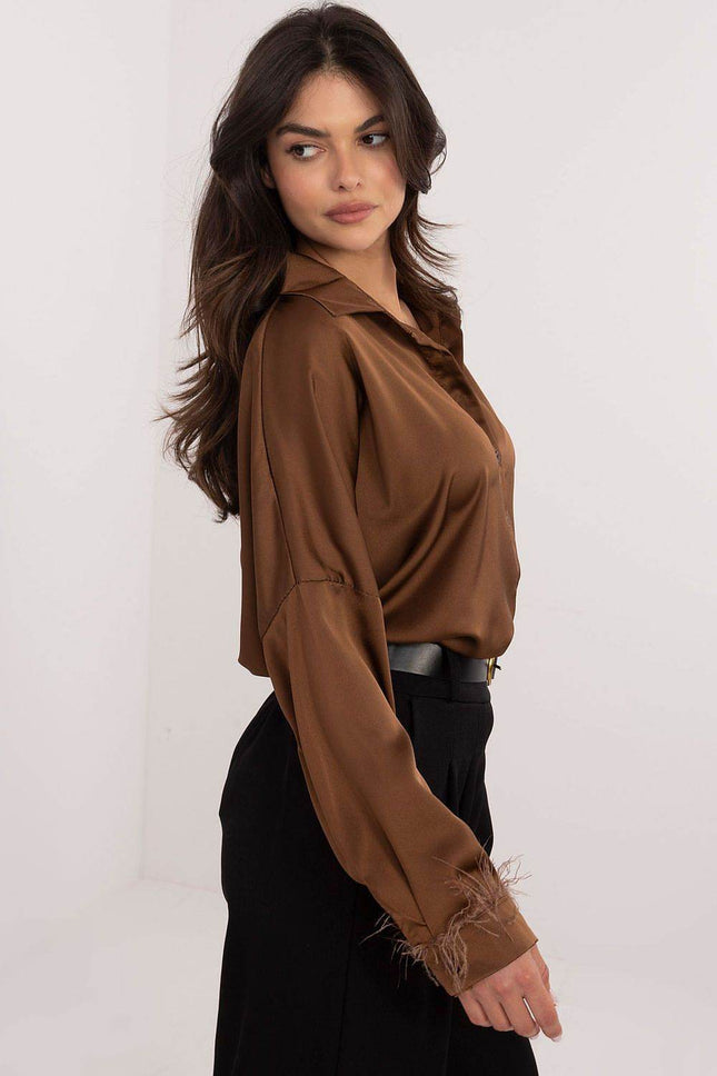 Elegant Women’s Classic Cut Shirt with Feathered Cuffs – Polyester-Viscose Blend, Long Length, Side Slits, Button Closure - MimiStylez