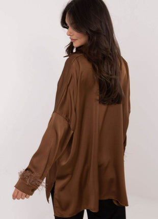 Elegant Women’s Classic Cut Shirt with Feathered Cuffs – Polyester-Viscose Blend, Long Length, Side Slits, Button Closure - MimiStylez